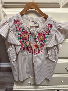 Savanna Jane Cream Striped Flutter-Sleeve Top with Colorful Floral Embroidery